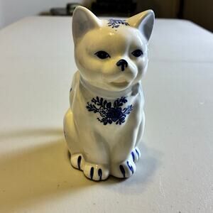 Vintage JSNY Taiwan Blue White Ceramic Cat Creamer Pitcher Delft Style Kitty